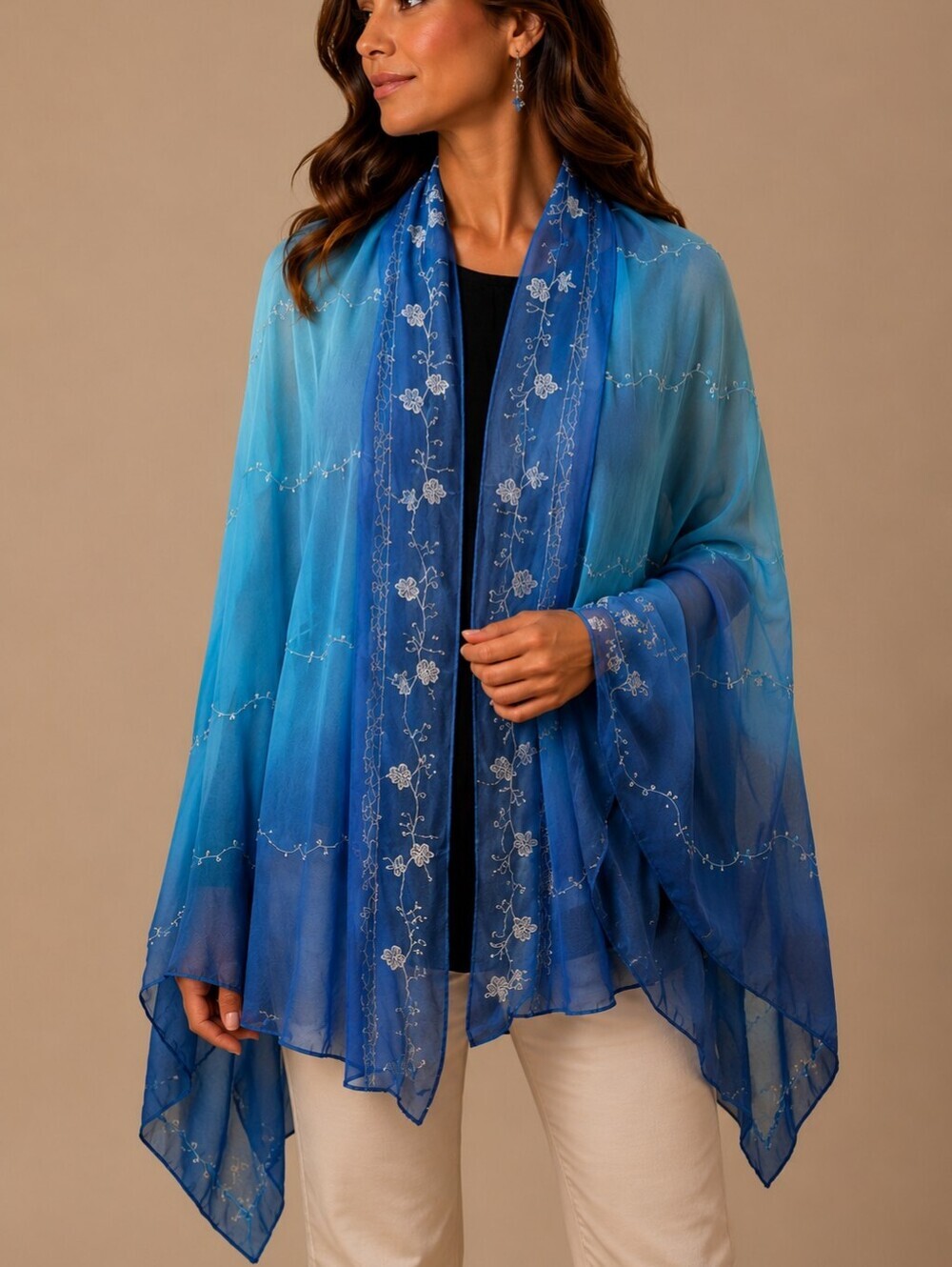 FLORAL Fairycore Embroidered Chiffon Shawl Wrap Sarong Dupatta Cover-up